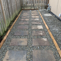 Framed gravel and stone slab pathway Framed gravel and stone slab pathway